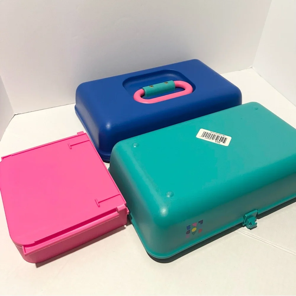 Vintage Cali Caboodle Blue Teal Pink Makeup Case Organize Sliding Tray 2602